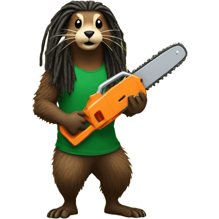 Woodchuck with dreadlocks in rasta with big muscles holding a chain saw  emoji