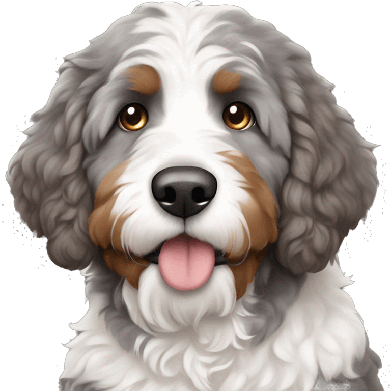 Grey brown and white bernedoodle, different eyes emoji