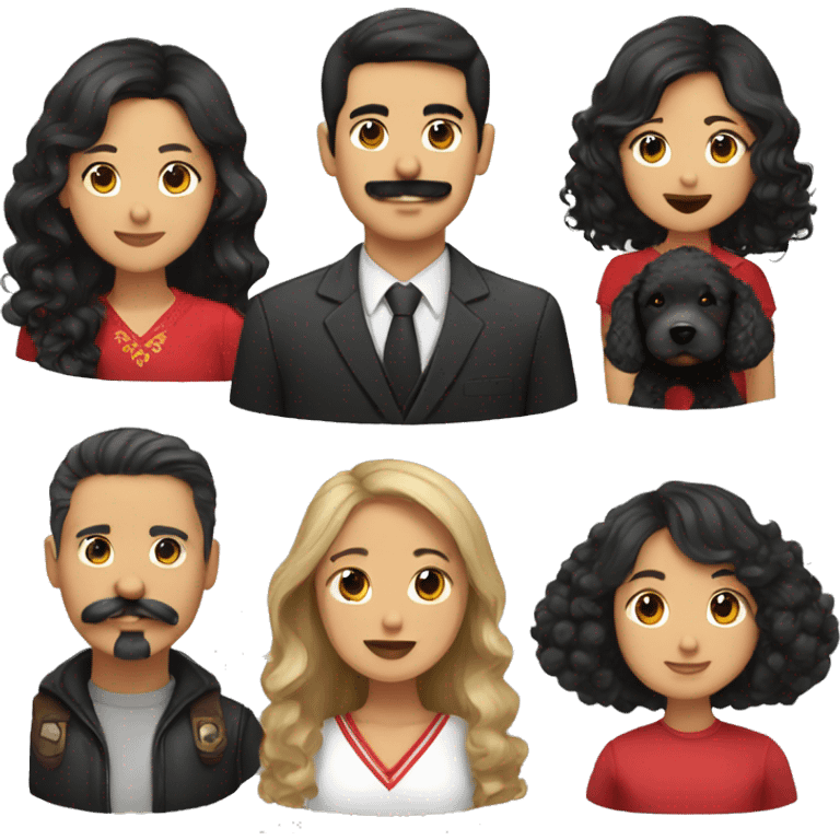 Mexican guy with mustache brown hair and asian girl with long black hair holding red goldendoodle emoji