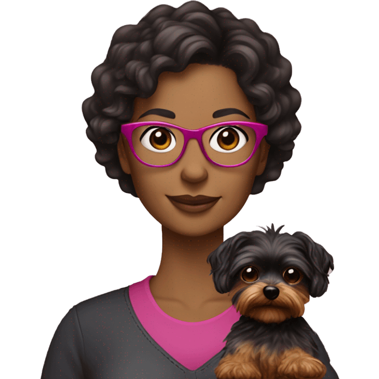 40 years old woman with dark brown long hair ,slidly curly wearing glasses with a dark pink frames  holding a yorkie dog emoji