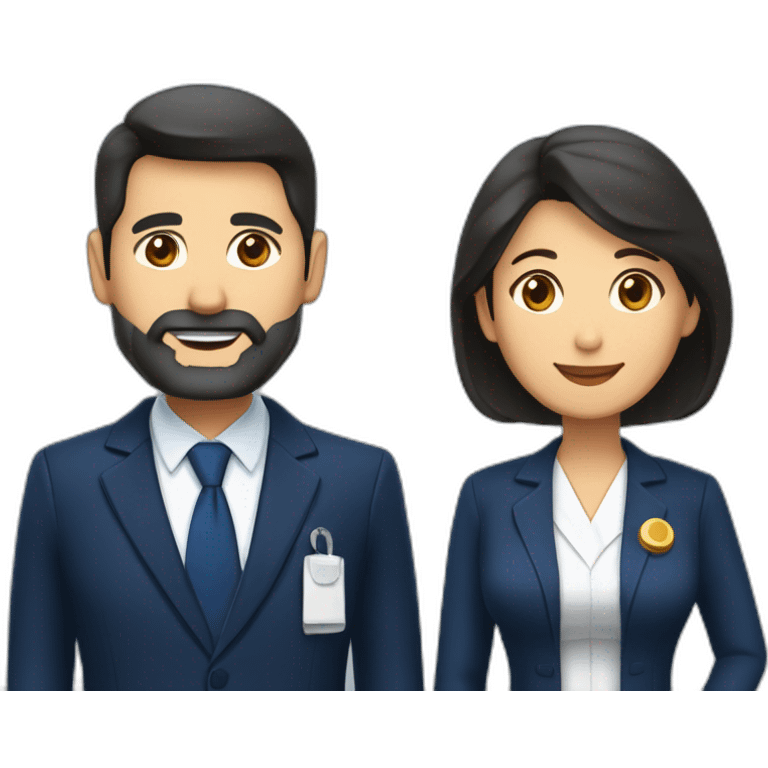 husband middle aged executive classic dark hair thin beard wearing dark blue business suit and bible, with wife filipina nurse age 55 dark hair emoji