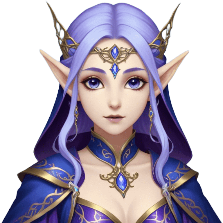 Cinematic Realistic WoW Elf Mage Portrait, depicted with ethereal, otherworldly beauty and refined arcane mastery. Clad in an intricately detailed robe in consistent deep blues and purples accented with shimmering gold filigree, her luminous, porcelain-like skin and delicate features evoke timeless elegance. Her piercing, mystical eyes radiate ancient wisdom, rendered with lifelike texture and subtle, magical lighting, high shine, noble and majestic, capturing the essence of a legendary elven sorceress. emoji