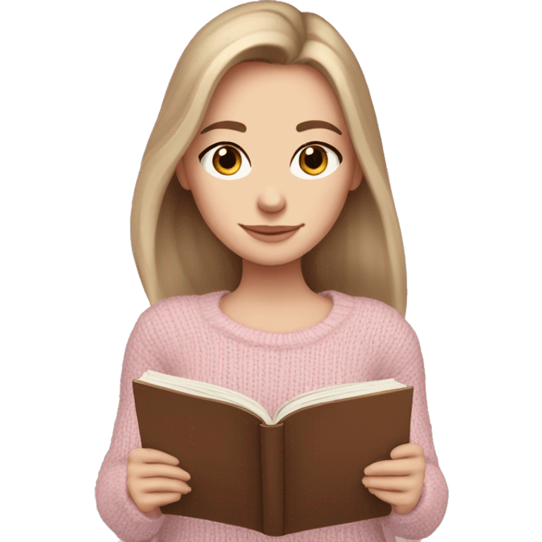 Pretty blue eyed white girl with brown hair with light pink sweater reading cozy emoji