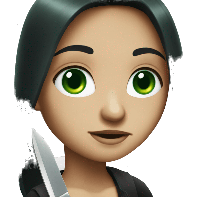 Long black hair green eyes with knife emoji