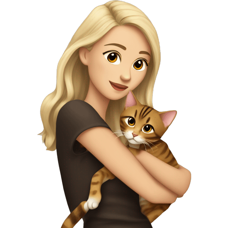 Beautiful skinny woman long dark brown hair in dark dress with gold earrings with man blond hair hug bengal cat emoji