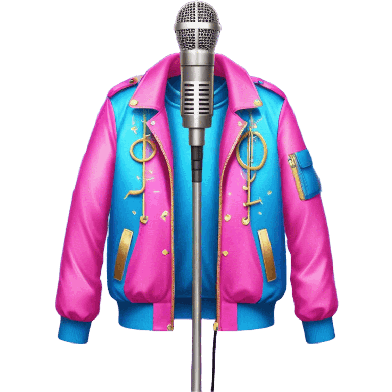 Create a vibrant and energetic emoji that represents pop or stage vocal performance without human figures. The design should feature a microphone on a stand, musical notes, and an illuminated stage with a spotlight to symbolize the live performance aspect. Add a stylish stage costume (e.g., a glittering jacket or sequined outfit) hanging on a hanger, to evoke the glamour of pop singing. Include elements like studio headphones, a music mixer, or a soundboard to reflect the technical side of the performance. Use bright colors like neon pink, electric blue, and gold to convey energy and creativity. The background should be transparent. emoji