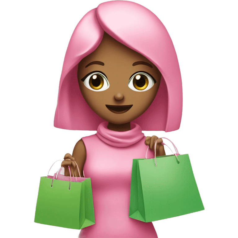 cute light brown with green eyes wearing pink surrounded by pink shopping bags emoji