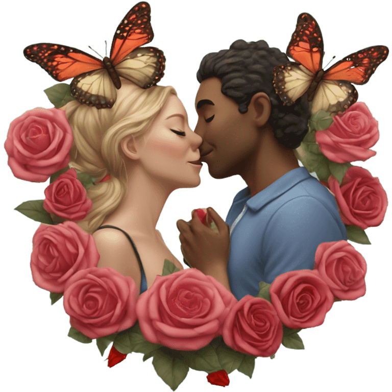 Hyper Realistic Couple kissing surrounded by roses and butterflies  emoji