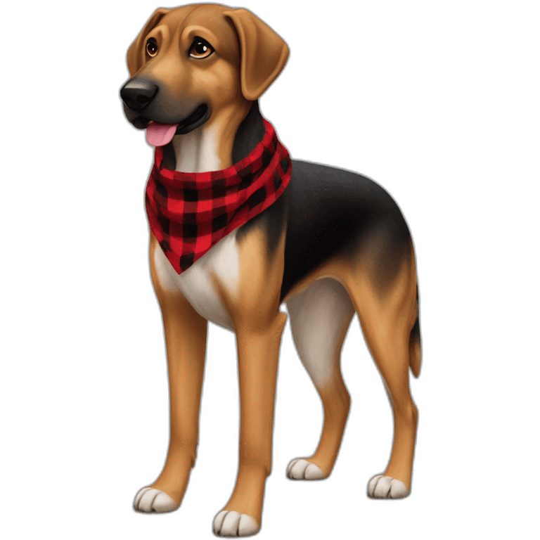 adult 75% Coonhound 25% German Shepherd mix dog with visible tail wearing small pointed red buffalo plaid bandana full body side view emoji