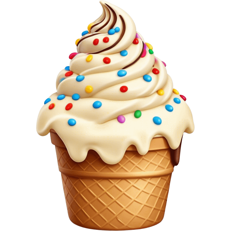 Cinematic scoop of rich, creamy ice cream, slightly melting, smooth swirls of chocolate and vanilla, colorful sprinkles on top, warm glowing background, playful and inviting. emoji