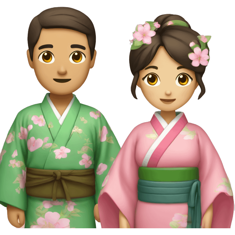 asian couple in kimono - man wearing green and brown, woman wearing pink with flora emoji