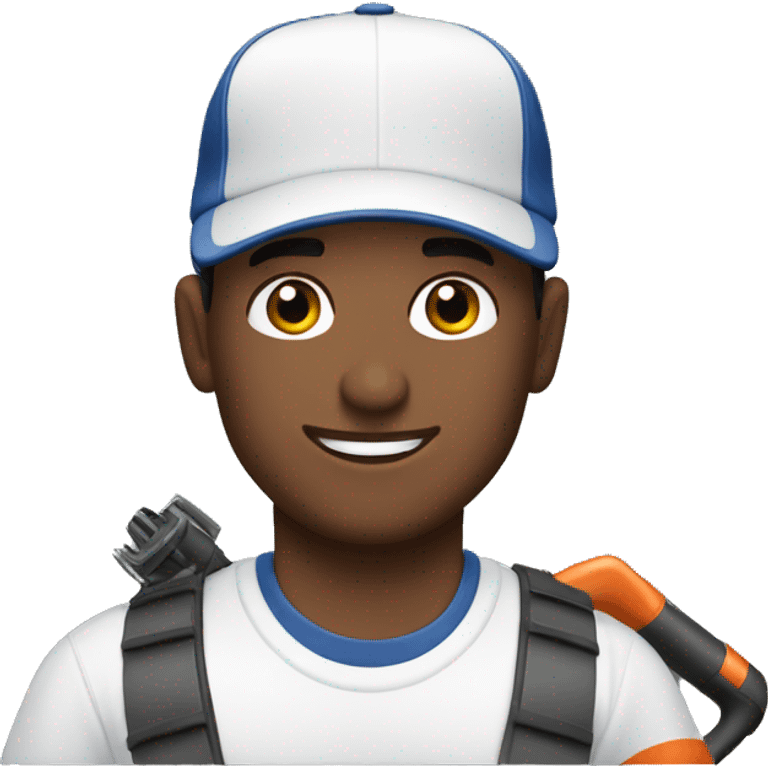 Brunette man with brown eyes and baseball hat holding a leaf blower emoji