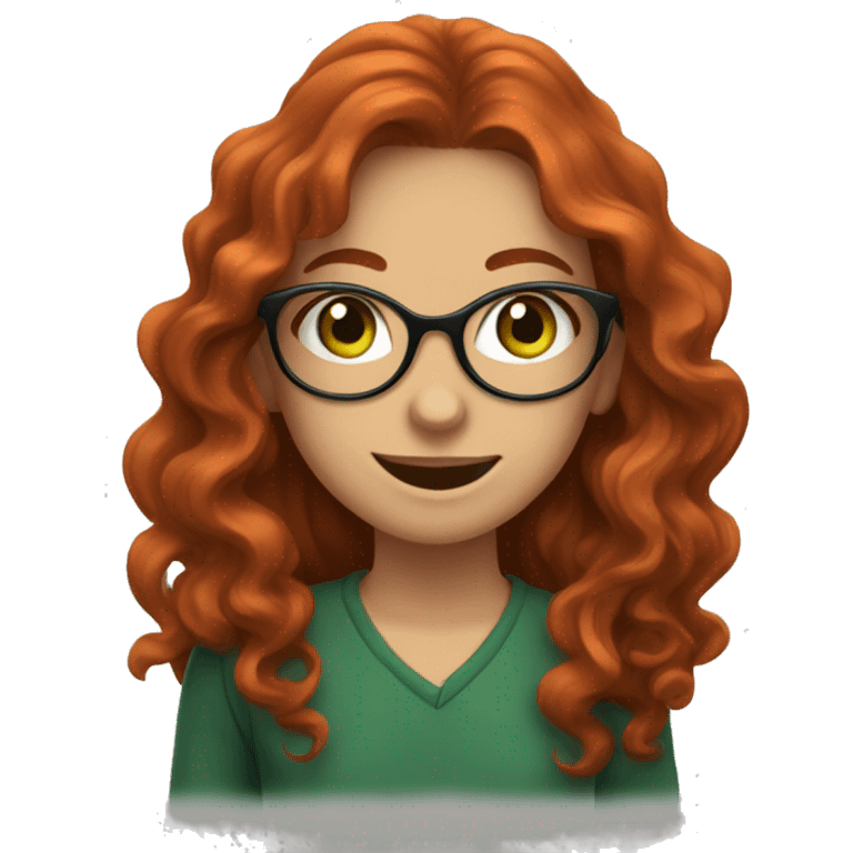 Girl with long wavy red hair, round glasses, green eyes, freckles, and a tooth gap emoji