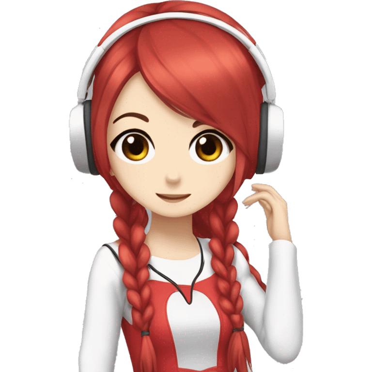 Yumi Sarah with long  Ponytail hair, with white-star red headphones and with anime dress emoji