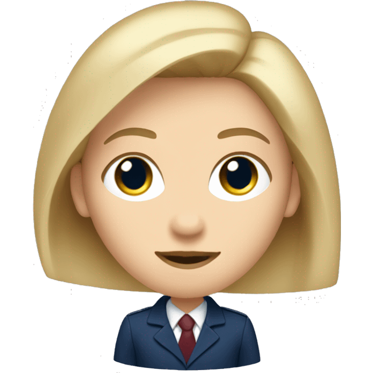 An adult girl, blue eyes, straight blond hair, dark blue jacket suit, burgundy office shirt. emoji