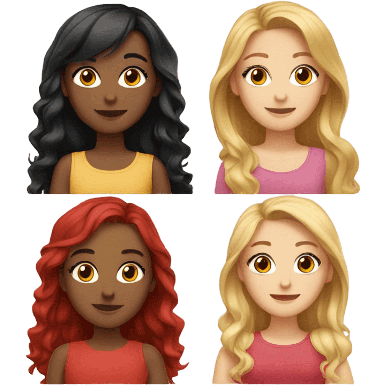 Group of 5 beautiful girls. Girl 1- brown hair. Girl 2- black hair. Girl 3- redhead. Girl 4- golden hair. Girl 5- light blonde.  emoji