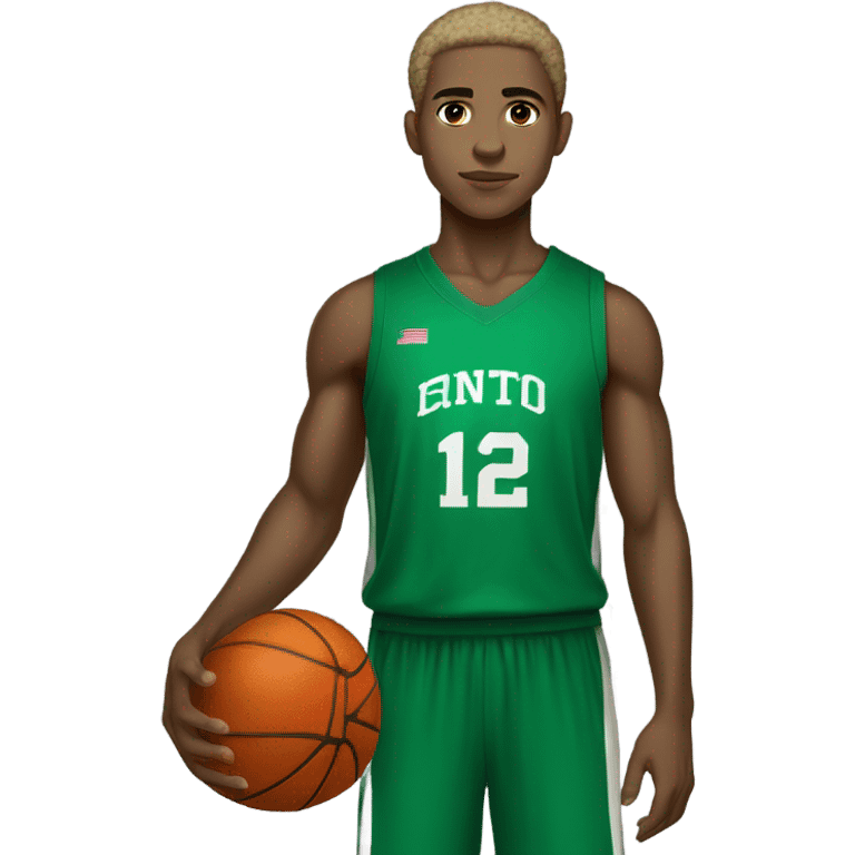 Muscular Afro light-skinned skinned male teenager in a green basketball uniform holding a basketball.  emoji