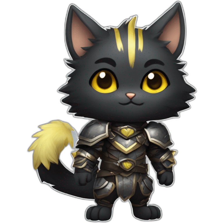 chibi monster hunter palico with all black fur and black face, on hind legs wearing armor, yellow eyes, happy and cute expression emoji