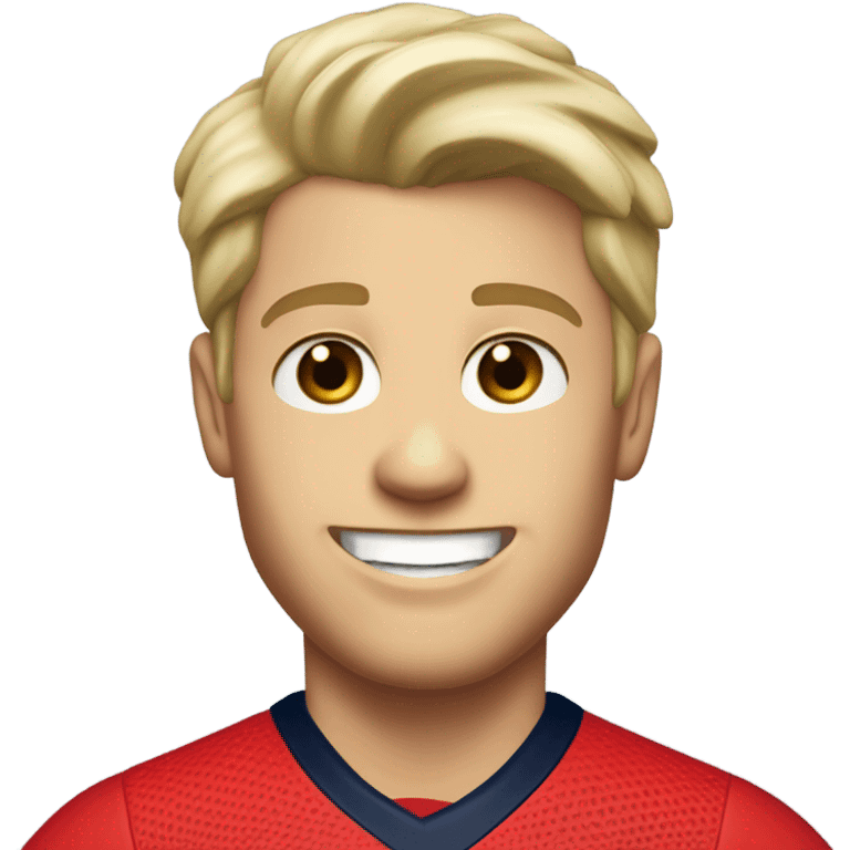 Skinny Caucasian male blonde combed over hair smiling wearing a Houston Texans polo emoji