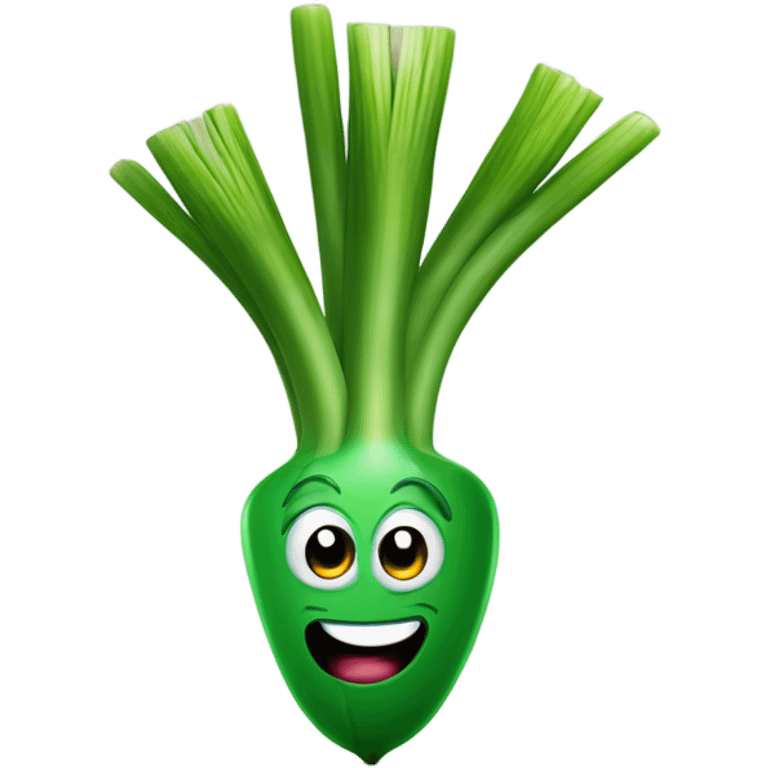 3D Cheerful green onion with big expressive eyes, a wide smile, and a few green stalks on top. Designed in a cute, cartoonish style with vibrant colors. emoji