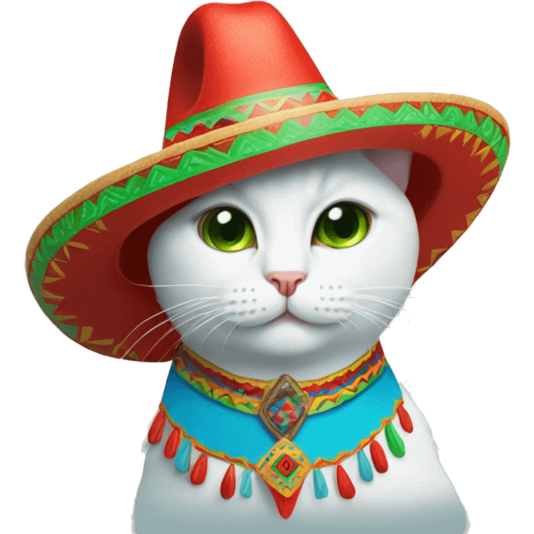 White cat with blue tears on the cheeks wearing a green and red Mexican sombrero emoji