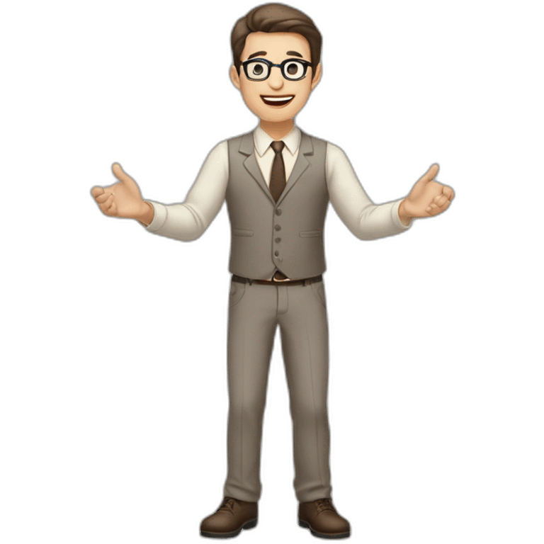 To belt Actively gesturing with hands 👌 Pale skinned fit man with dark brown hair in gray jacket, beige office shirt, brown tie, brown pants and vintage glasses. emoji