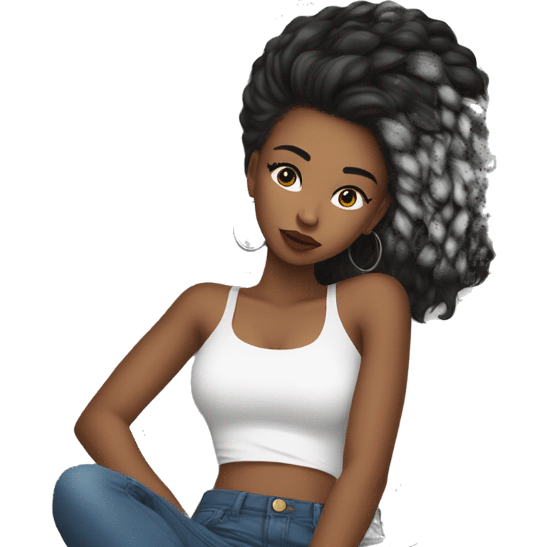 girl with baddie long lashes withh white crop top and with jeans on sleeping emoji