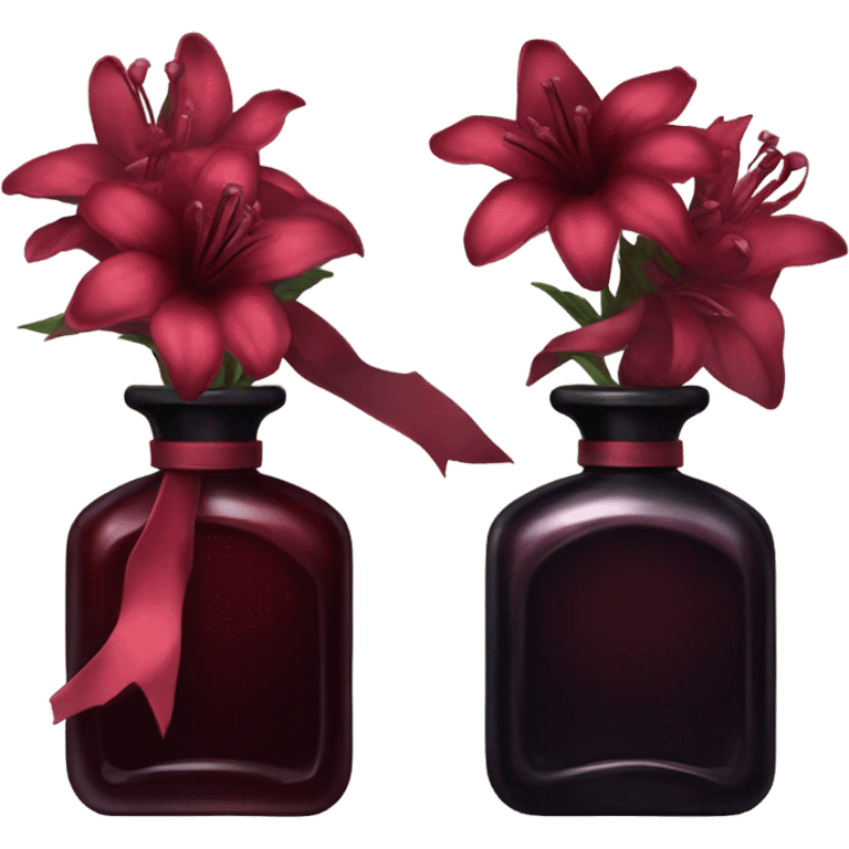 Dark red gothic perfume bottle with red bellflowers and a black ribbon emoji