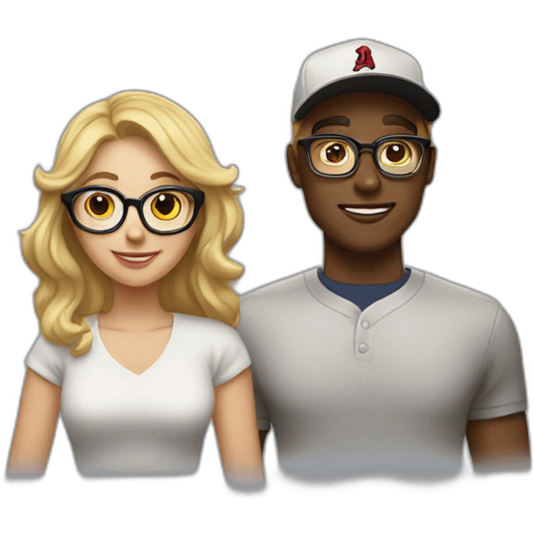 A Women with darlbrown hair and glasses in Love with a blond Man with gold glasses and a baseballcap emoji