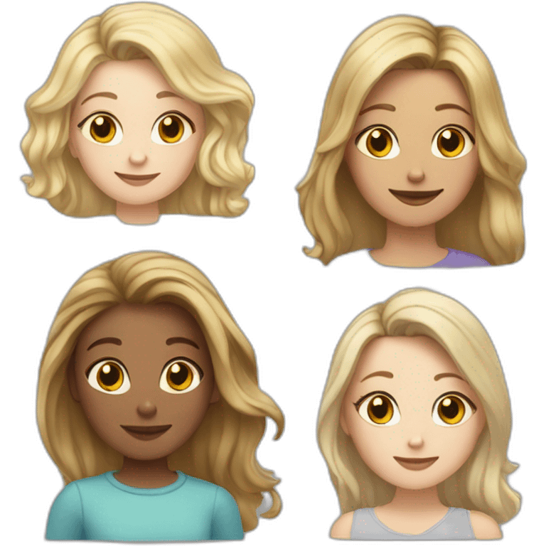 blonde woman with shoulder-length hair, blonde child, brindle cat and another gray cat with gray spots emoji