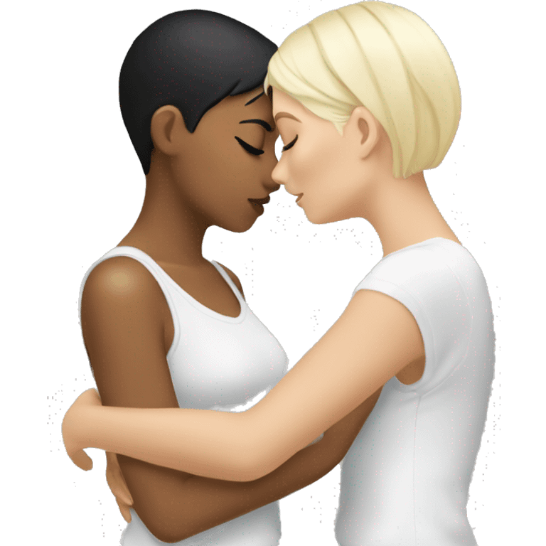 intimate moment between two girls white blonde hair kissing Hispanic with black short hair  emoji