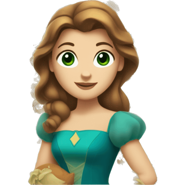 White Disney princess Belle with green eyes wearing a teal and orange dress holding a football that has a #1 on it emoji