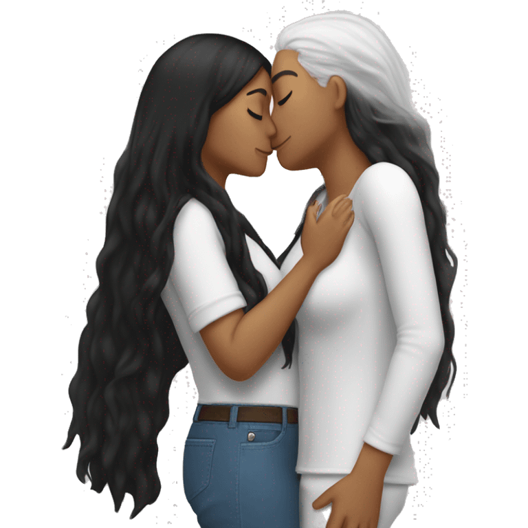 Lesbians with long black hair and white skin kissing passionately emoji