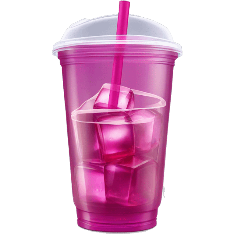 Realistic plastic cup and lid with Transluscent magenta soda and large ice cubes inside and one straw through the top of the lid. emoji