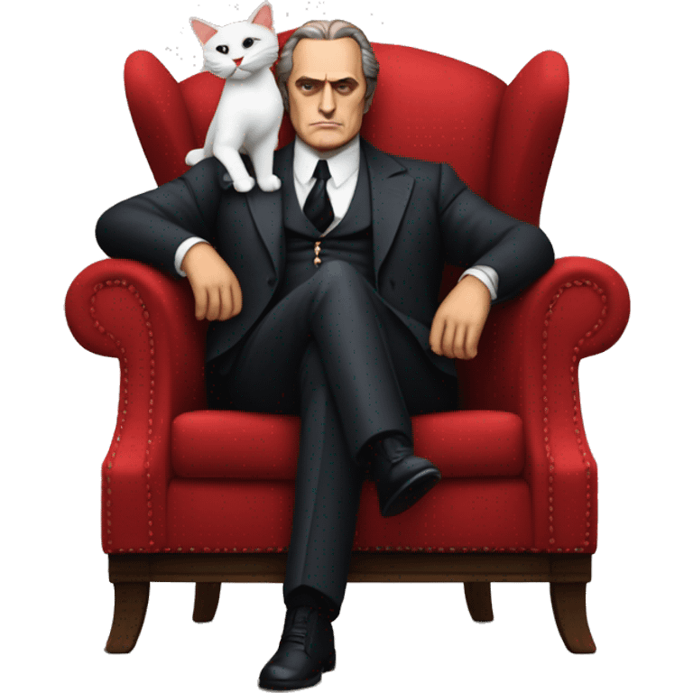 vito corleone as a mafia boss sitting on a red chair petting a white cat on his lap emoji