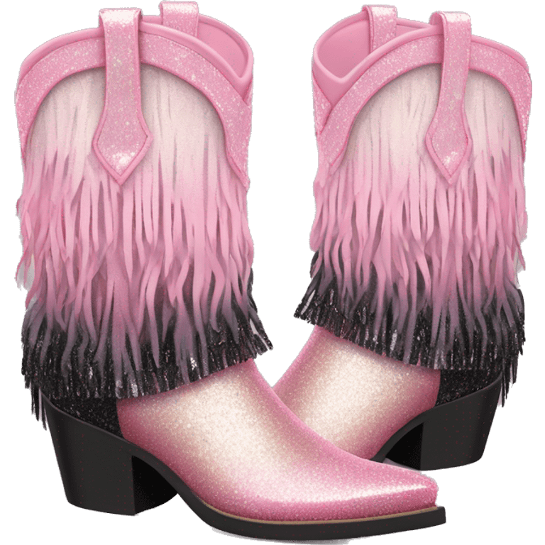 Realistic pastel pink to black ombre pair of fashion cowgirl boots with sparkly shiny glitter fringe on them. emoji