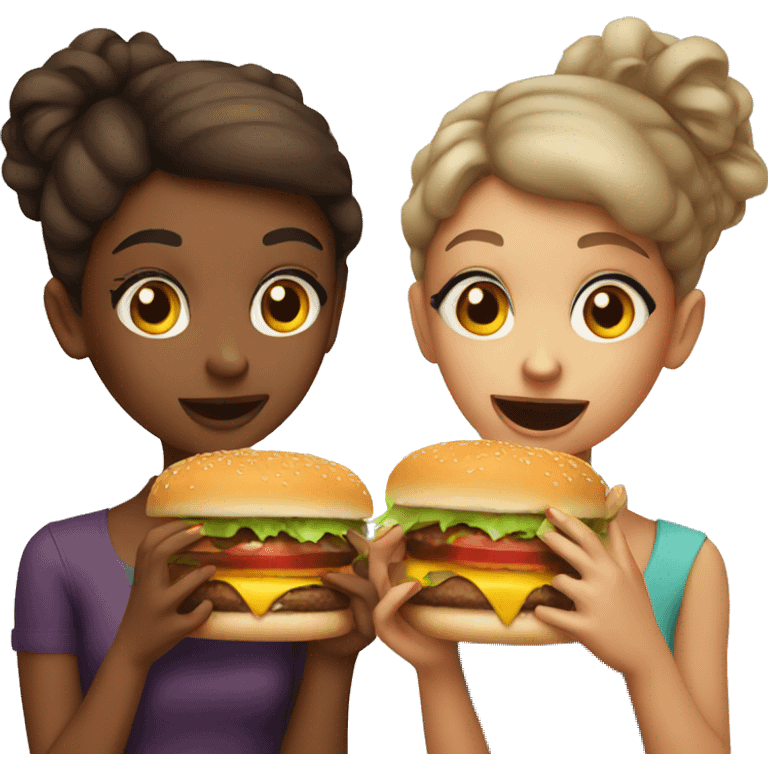 Two girls with makeup in hands and eating a burger  emoji