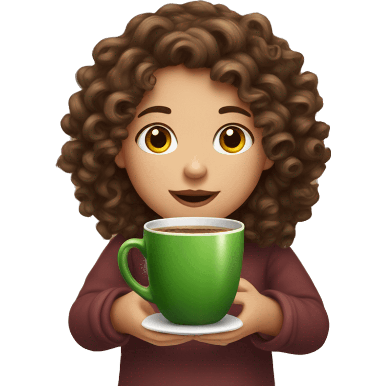 Curly brown hair girl in Christmas mood with cup of coffee in her hands emoji