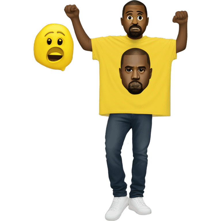 Kanye west holds a yellow sign with tshirt emoji