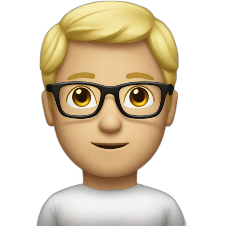 a man with blond hair with black glasses, small smile, with the body emoji