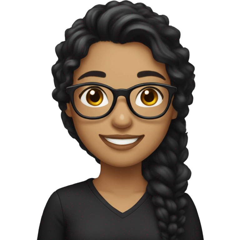 girl wearing black clothes, with long black slight curlyhair, glasses, smile,  emoji