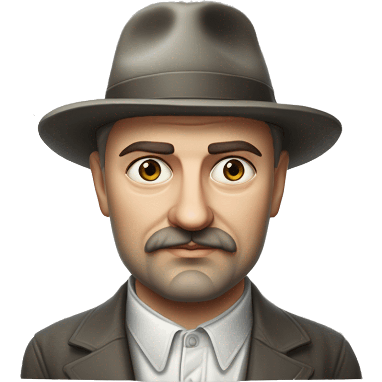 Russian writer Alexander Kuprin Photorealism A plump serious man of Slavic appearance with Small eyes with goatee beard and mustache, with a  short haircut, big detailed face, wrinkled face, wearing a fedora hat emoji