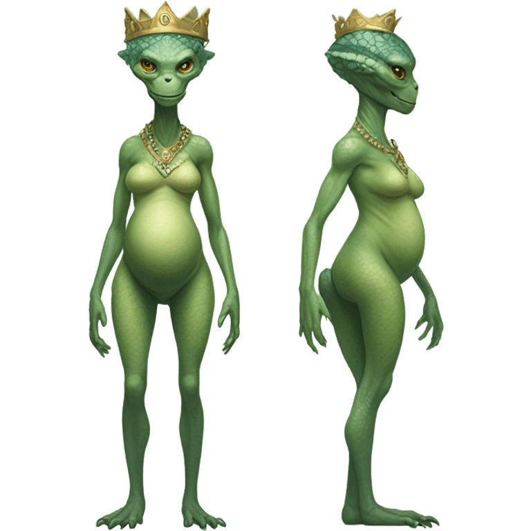 Pregnant reptilian alien woman, full body, have a crown emoji