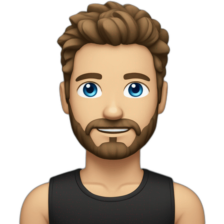 White man with a sun kissed tan and blue eyes. His hair is dark brown, styled sideways backwards. He has a beard and mustache trimmed. Wears a black t-shirt. emoji