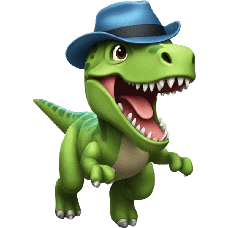 A Dino with a hat and running emoji