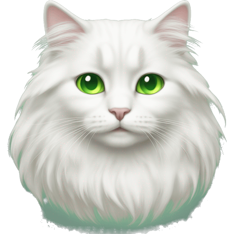 A white longhair cat, with green eyes, small emoji