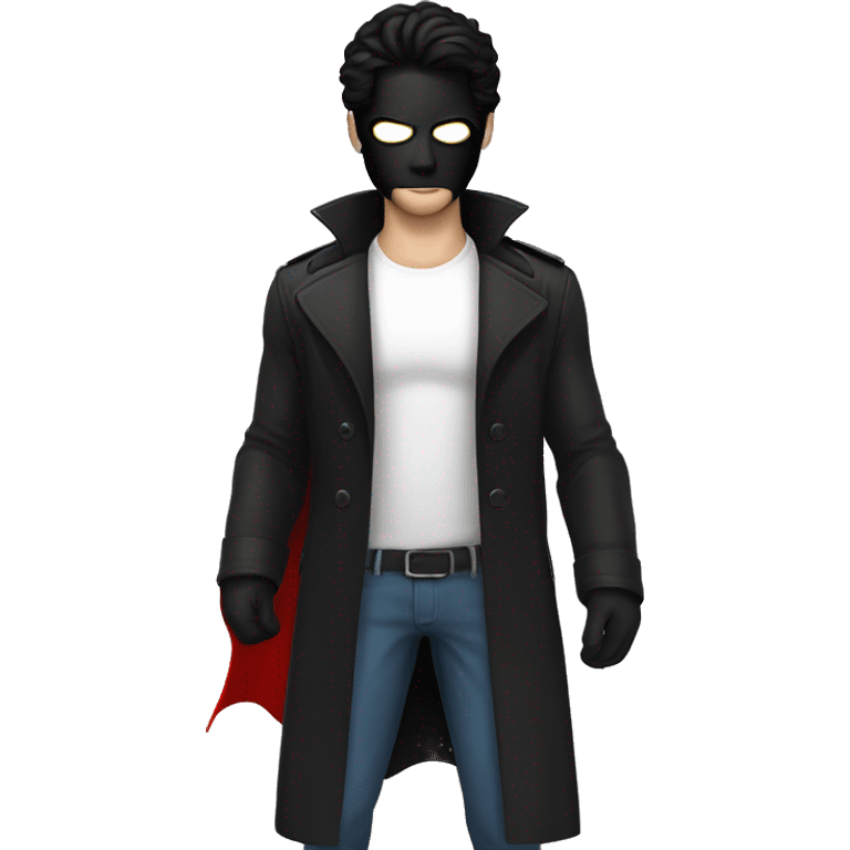 guy with black hair, white skin, a white winged superhero mask with black on the inside, black trenchcoat, red gloves emoji