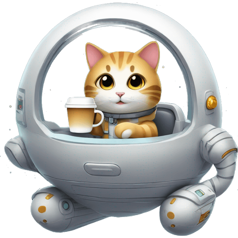 Cute hovercat in a space ship in space with coffee cup on it's hand emoji