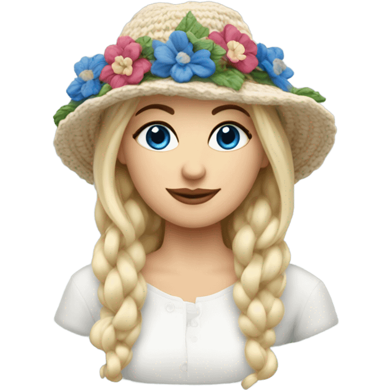 beautiful finnish blonde woman with blue eyes knitting floral hat emoji