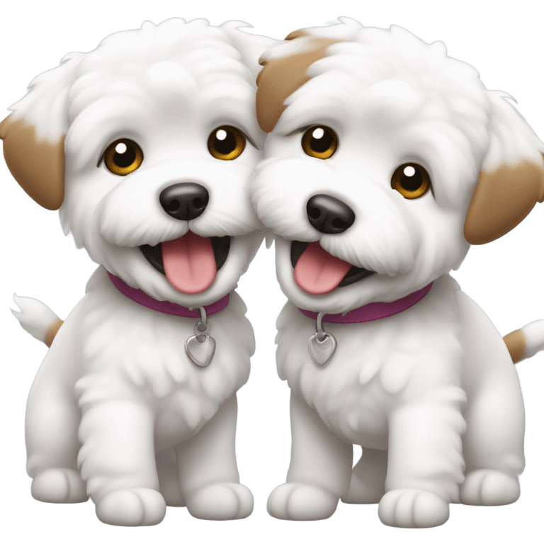 Two dogs, one brown one white, both Bichon Frisé, smiling and dancing  emoji